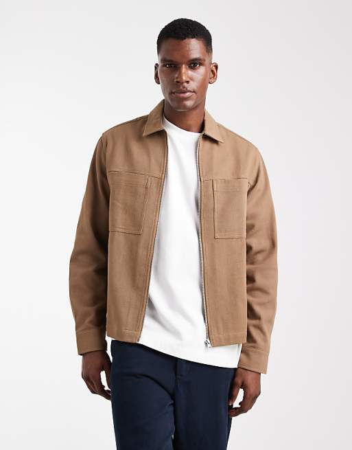 ASOS DESIGN boxy twill overshirt with zip in brown