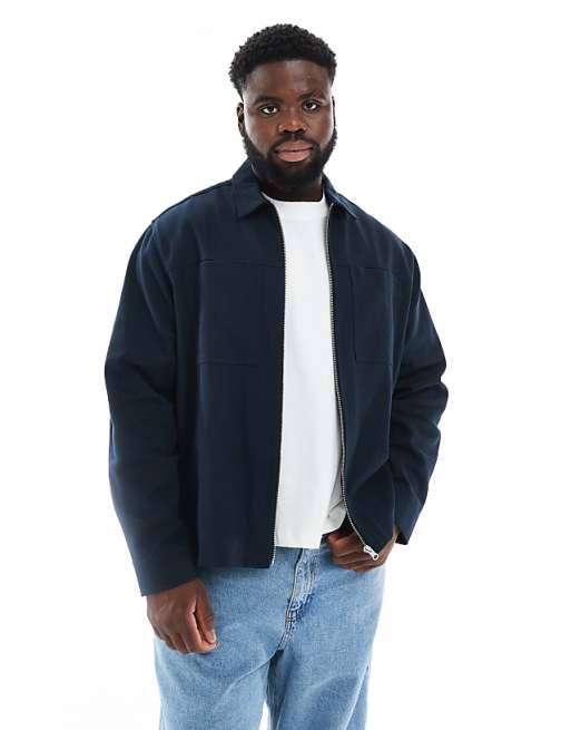ASOS DESIGN Boxy Zip Through Overshirt In Navy
