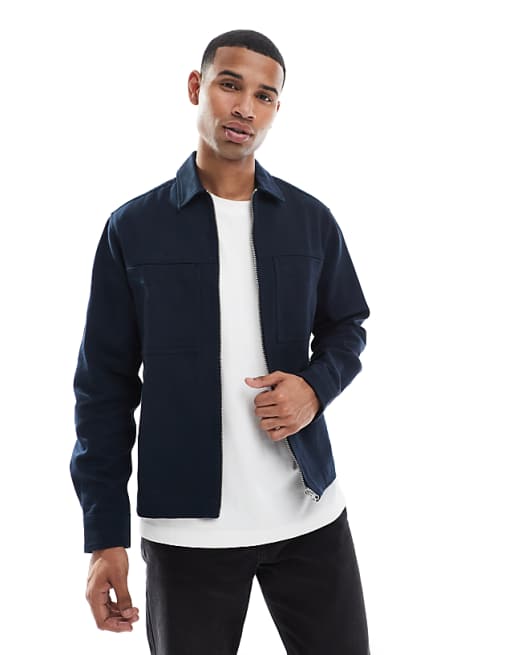 ASOS DESIGN boxy zip through overshirt in navy