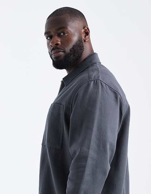 ASOS DESIGN Boxy Zip Through Overshirt In Washed Black