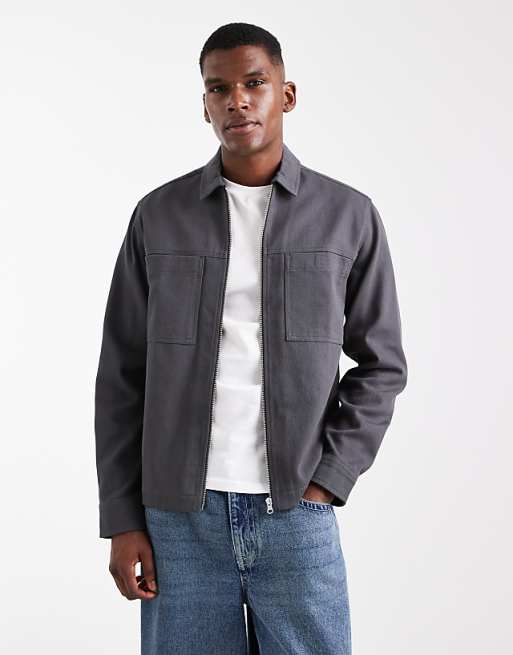 ASOS DESIGN boxy zip through overshirt in washed black