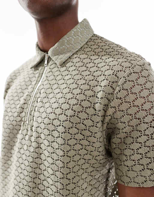 ASOS DESIGN Boxy Zipped Polo In Khaki Open Crochet