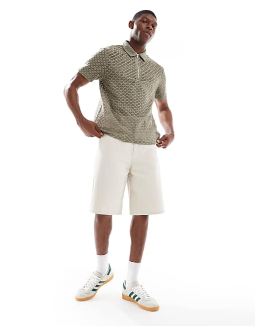 ASOS DESIGN Boxy Zipped Polo In Khaki Open Crochet