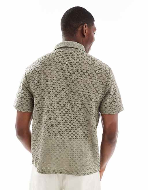 ASOS DESIGN Boxy Zipped Polo In Khaki Open Crochet