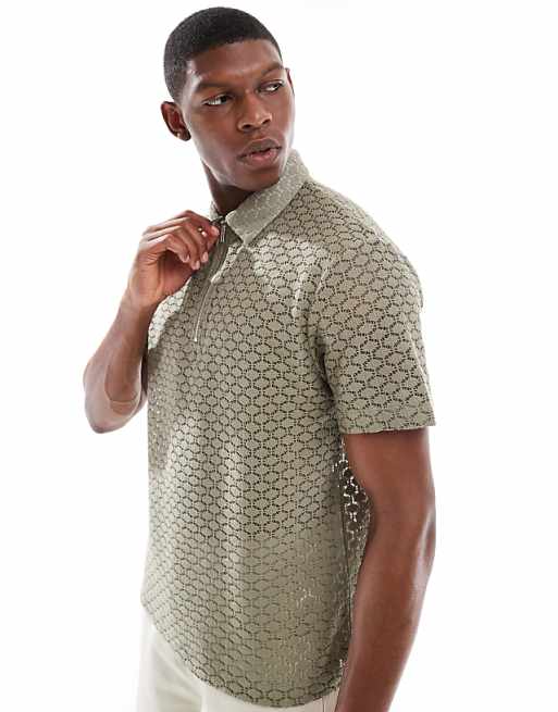 ASOS DESIGN boxy zipped polo in khaki open crochet