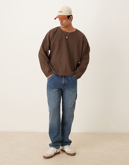 ASOS DESIGN Bozy Oversized Plisse Long Sleeve T-shirt In Brown