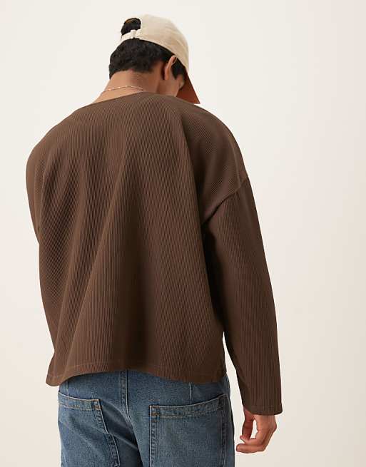ASOS DESIGN Bozy Oversized Plisse Long Sleeve T-shirt In Brown