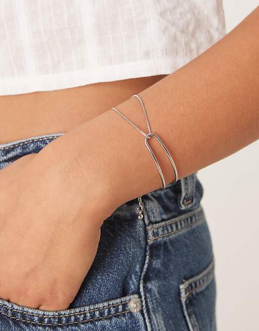 ASOS DESIGN bracelet with dainty cuff and chain detail in silver tone