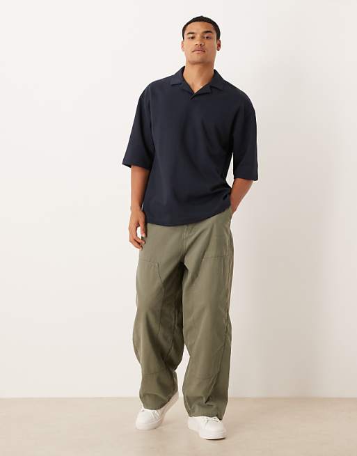 ASOS DESIGN BreatheMAX™ Heavyweight Oversized Half Sleeve Revere Polo In Navy Cotton Blend