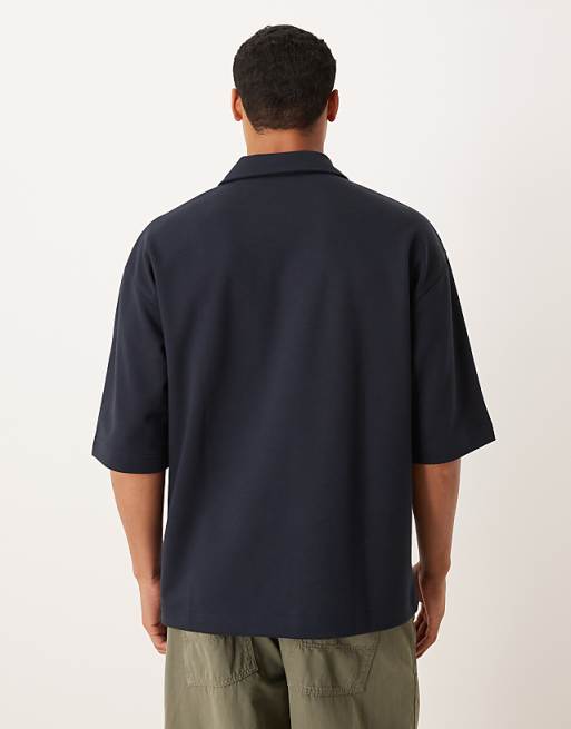 ASOS DESIGN BreatheMAX™ Heavyweight Oversized Half Sleeve Revere Polo In Navy Cotton Blend