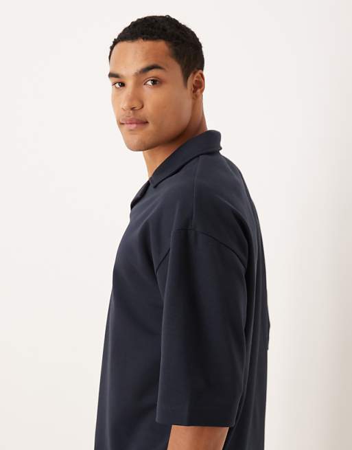 ASOS DESIGN BreatheMAX™ Heavyweight Oversized Half Sleeve Revere Polo In Navy Cotton Blend