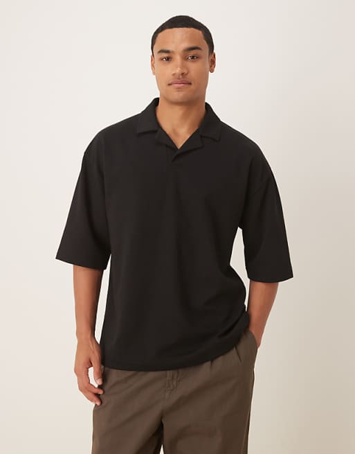 ASOS DESIGN breatheMAX™ heavyweight oversized half sleeve revere polo in black cotton blend