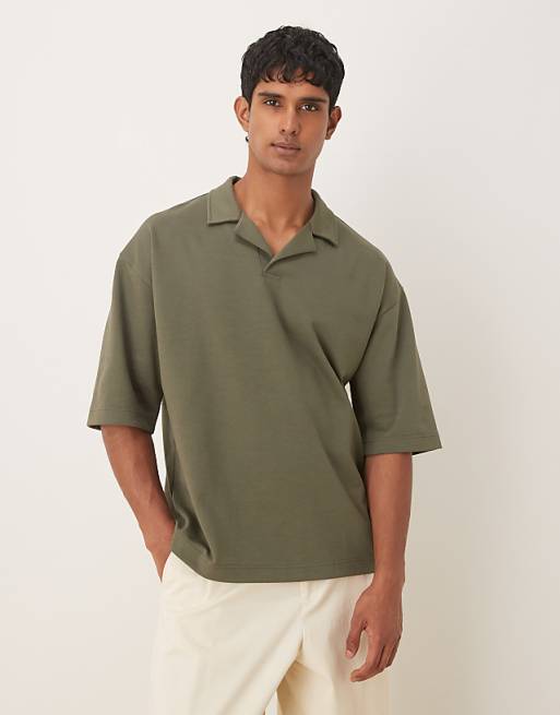 ASOS DESIGN breatheMAX™ heavyweight oversized half sleeve revere polo in khaki cotton blend