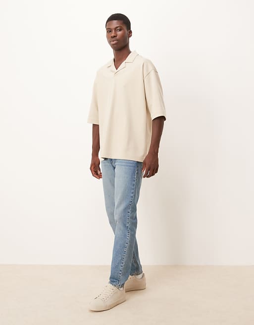 ASOS DESIGN BreatheMAX™ Heavyweight Oversized Half Sleeve Revere Polo In Beige Cotton Blend