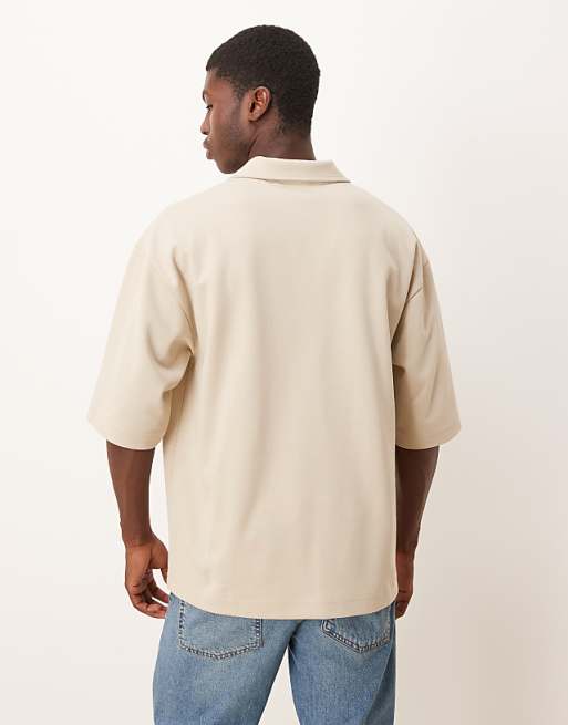 ASOS DESIGN BreatheMAX™ Heavyweight Oversized Half Sleeve Revere Polo In Beige Cotton Blend