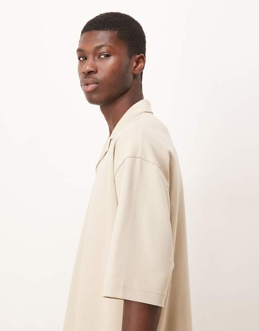 ASOS DESIGN BreatheMAX™ Heavyweight Oversized Half Sleeve Revere Polo In Beige Cotton Blend