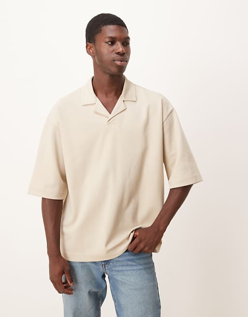 ASOS DESIGN breatheMAX™ heavyweight oversized half sleeve revere polo in beige cotton blend