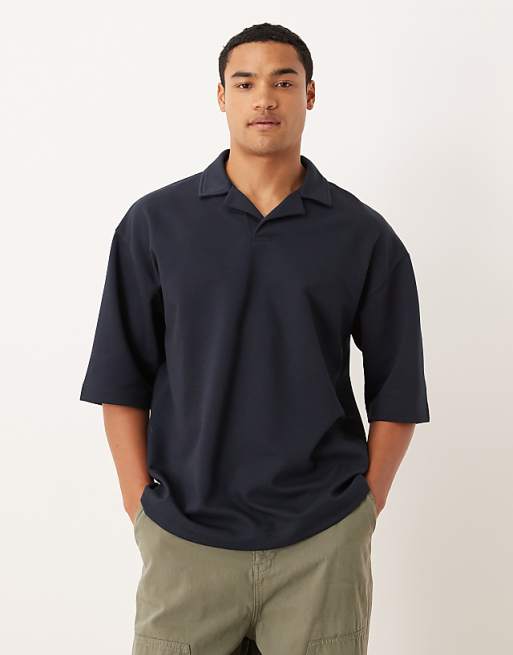 ASOS DESIGN breatheMAX™ heavyweight oversized half sleeve revere polo in navy cotton blend