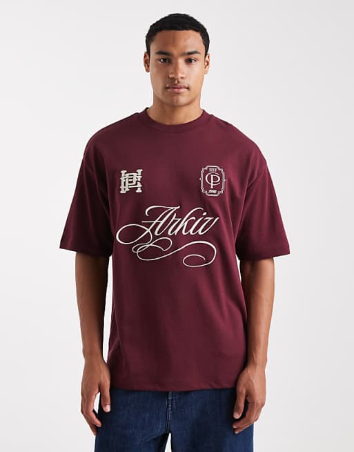 ASOS DESIGN breatheMAX™ heavyweight oversized t-shirt with sports embroidery in burgundy