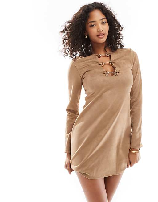 ASOS DESIGN Buckle Detail Suede Mini Dress With Long Sleeves In Tan