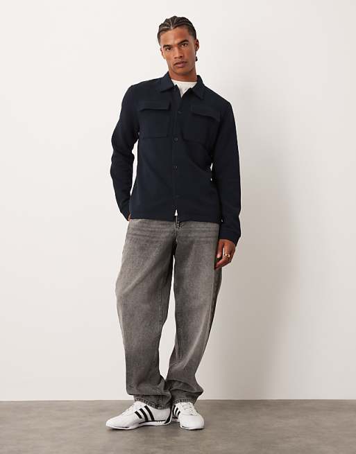 ASOS DESIGN Button Through Textured Shacket In Navy