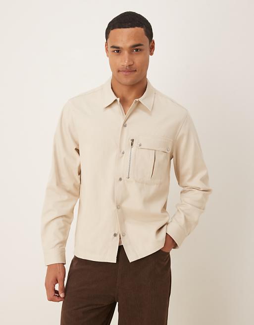 ASOS DESIGN canvas overshirt with utility pocket in stone
