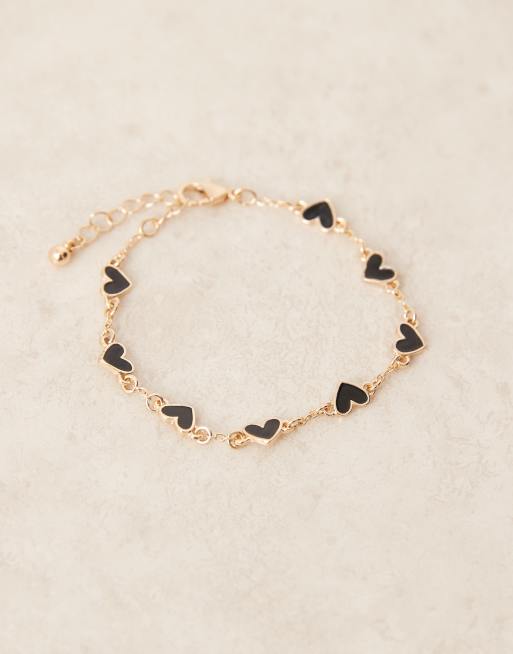 ASOS DESIGN Chain Bracelet With Black Enamel Heart Details In Gold Tone