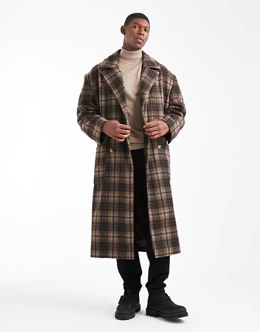 ASOS DESIGN Check Wool Look Oversized Longline Coat In Brown