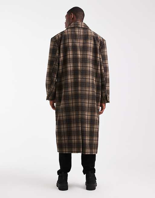 ASOS DESIGN Check Wool Look Oversized Longline Coat In Brown