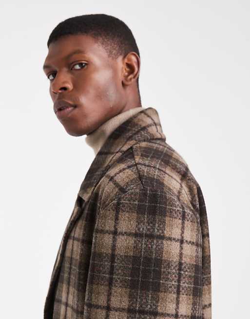 ASOS DESIGN Check Wool Look Oversized Longline Coat In Brown