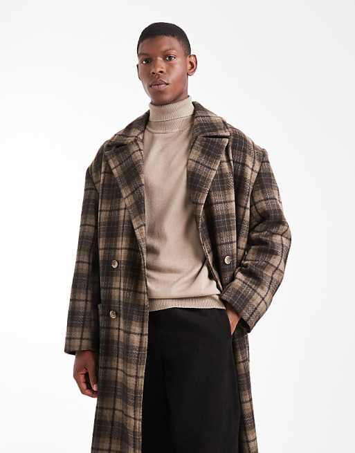 ASOS DESIGN check wool look oversized longline coat in brown