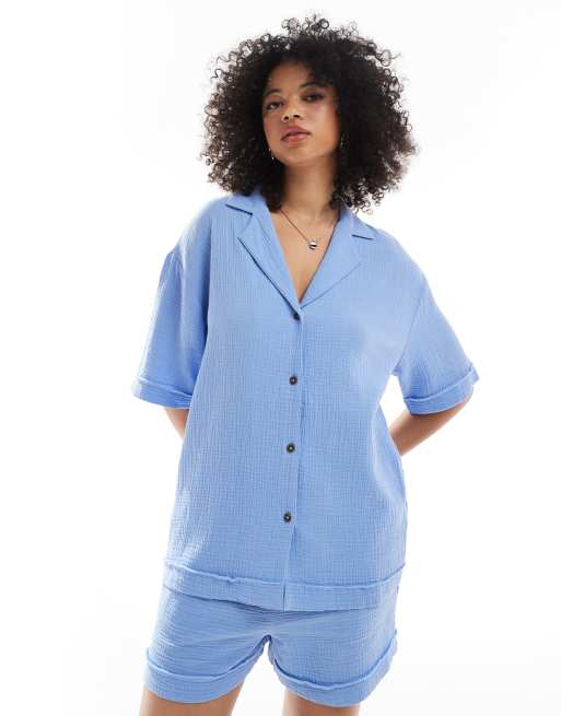 ASOS DESIGN Cheesecloth Shirt With Raw Edge Detail Shorts Co-ord In Blue