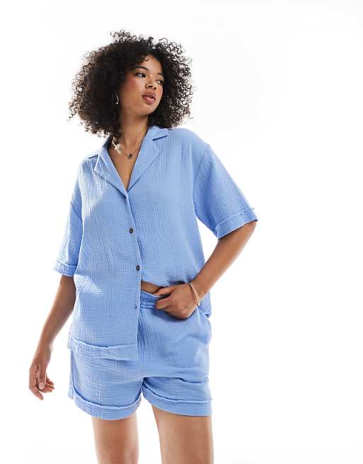ASOS DESIGN cheesecloth shirt with raw edge detail shorts co-ord in blue