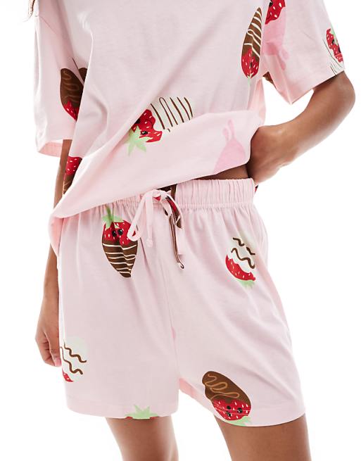ASOS DESIGN Chocolate Strawberry Oversized Tee & Short Pyjama Set In Pink