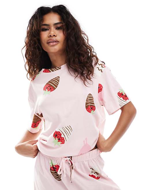 ASOS DESIGN Chocolate Strawberry Oversized Tee & Short Pyjama Set In Pink