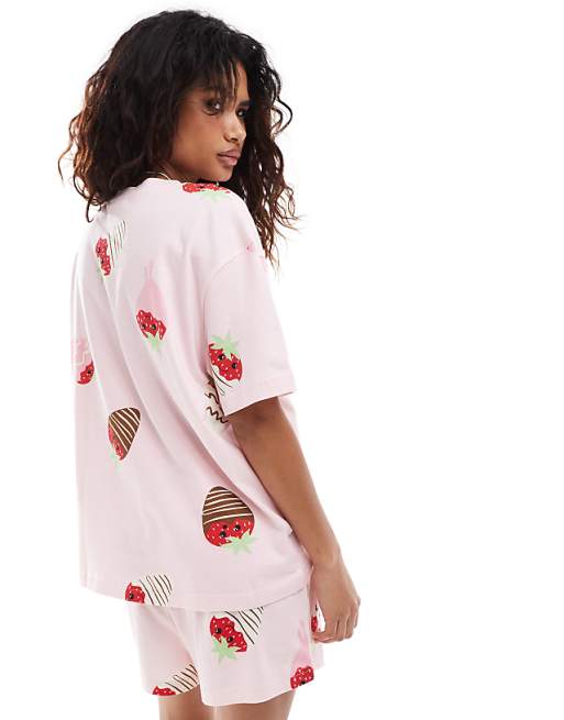ASOS DESIGN Chocolate Strawberry Oversized Tee & Short Pyjama Set In Pink