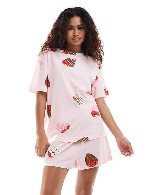 ASOS DESIGN chocolate strawberry oversized tee & short pyjama set in pink