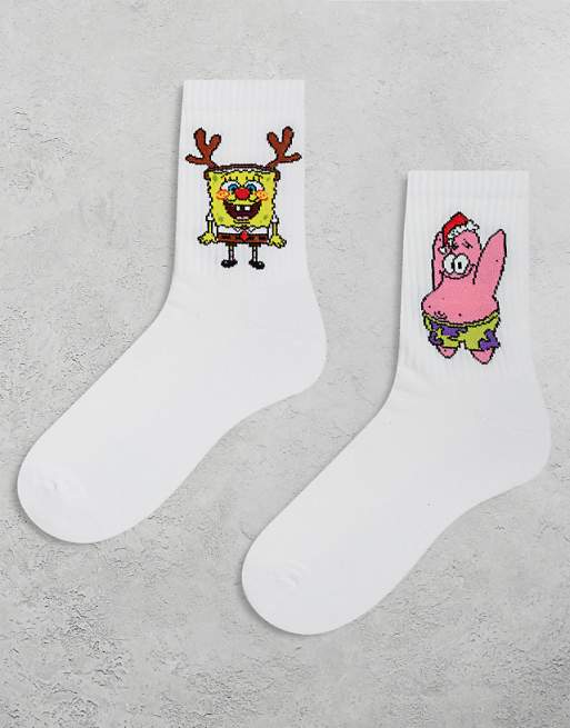 ASOS DESIGN Christmas 2 pack socks with SpongeBob graphic in white