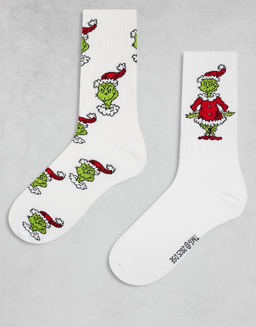 ASOS DESIGN Christmas 2 pack socks with The Grinch graphic in white