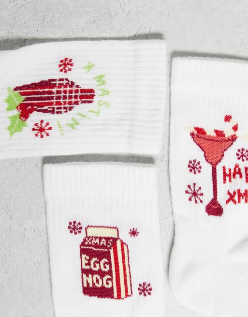 ASOS DESIGN Christmas 3 Pack Socks With Drinks Graphic In White