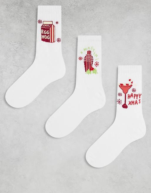 ASOS DESIGN Christmas 3 pack socks with drinks graphic in white