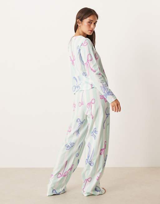 ASOS DESIGN Christmas Bow Long Sleeve Top & Trouser Pyjama Set In Blue Stripe