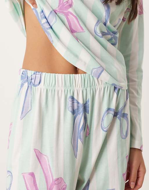 ASOS DESIGN Christmas Bow Long Sleeve Top & Trouser Pyjama Set In Blue Stripe