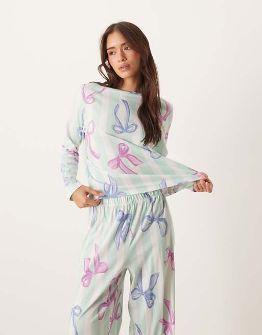 ASOS DESIGN Christmas Bow Long Sleeve Top & Trouser Pyjama Set In Blue Stripe