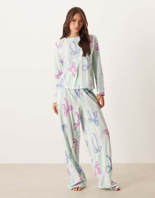 ASOS DESIGN Christmas bow long sleeve top & trouser pyjama set in blue stripe