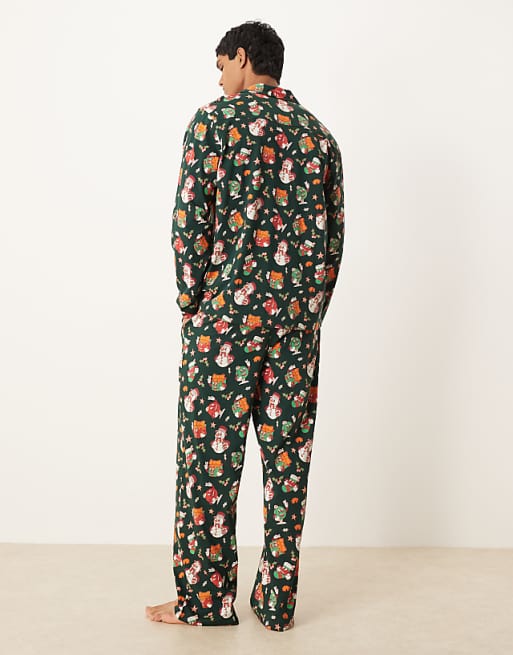ASOS DESIGN Christmas Pyjama Set With Characters Graphic In Green