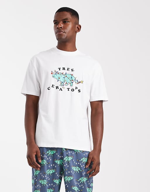 ASOS DESIGN Christmas Pyjama Set With Dinosaur Graphic In Navy