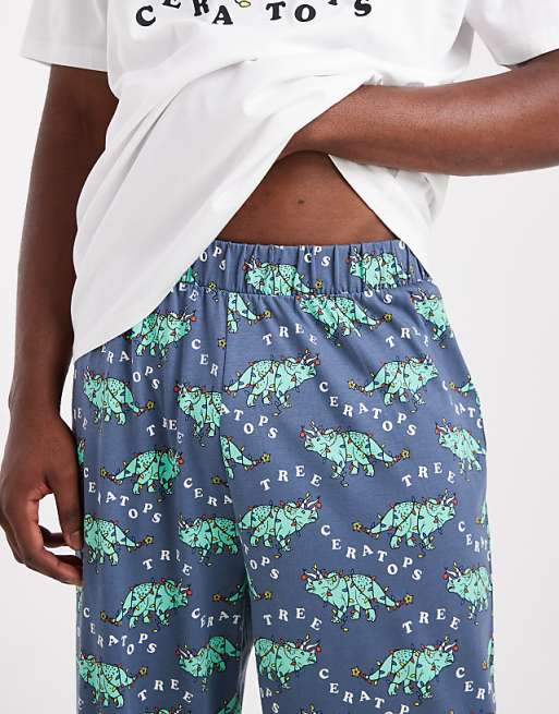ASOS DESIGN Christmas Pyjama Set With Dinosaur Graphic In Navy