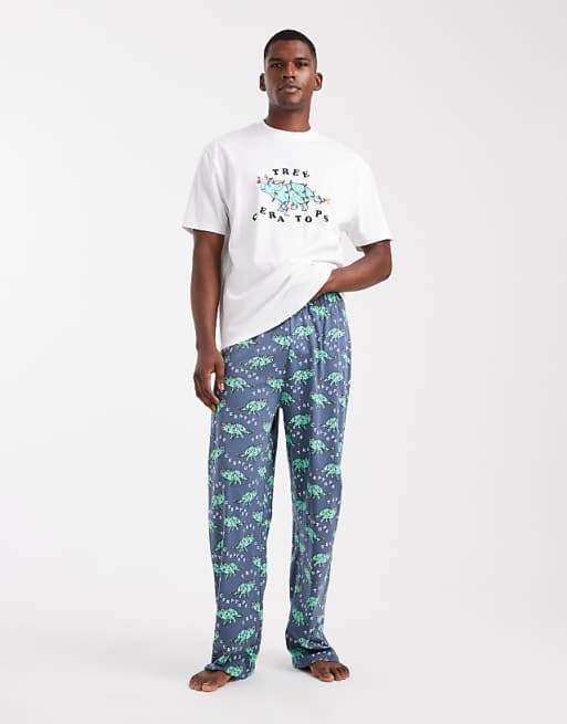 ASOS DESIGN Christmas pyjama set with dinosaur graphic in navy