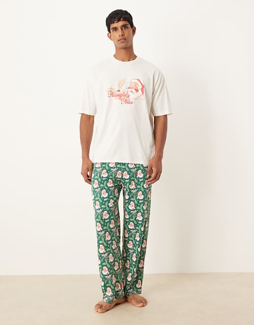 ASOS DESIGN Christmas pyjama set with retro Santa graphic in blue